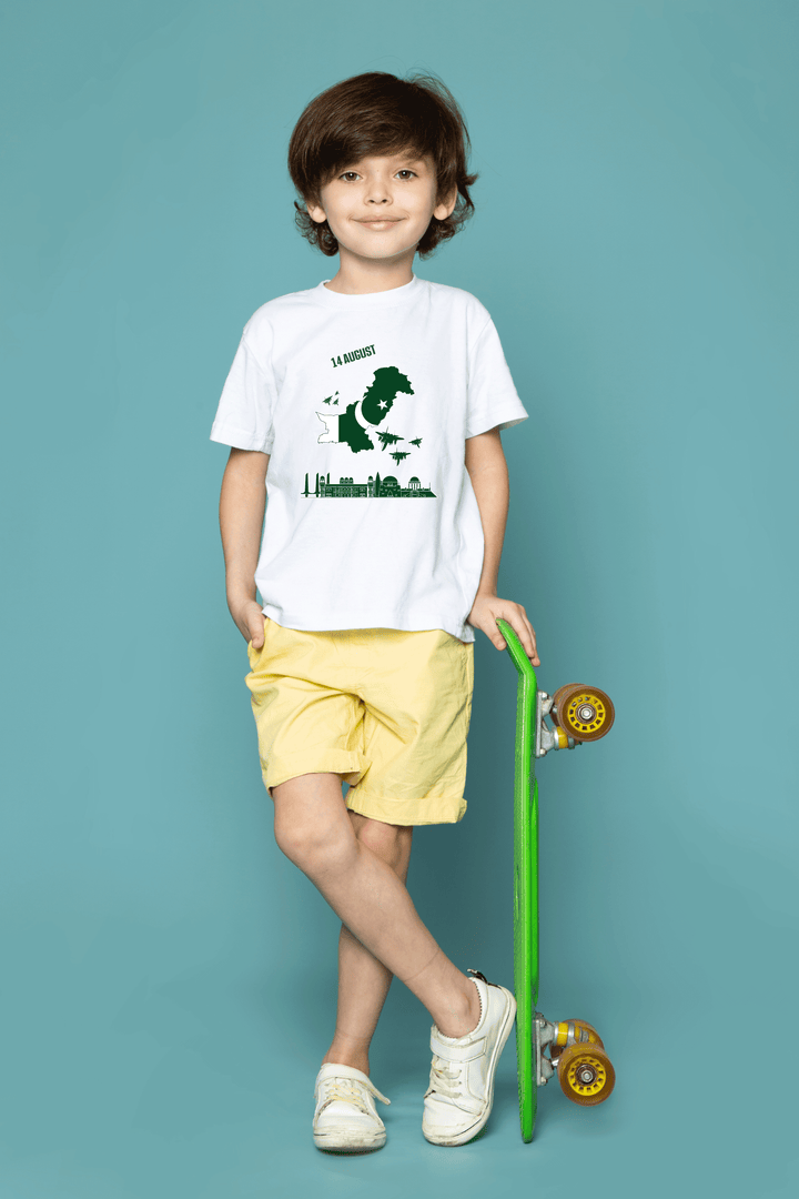 Unisex 14 August Map & Skyline T-Shirt – White | Independence Day Edition - Cute Kids