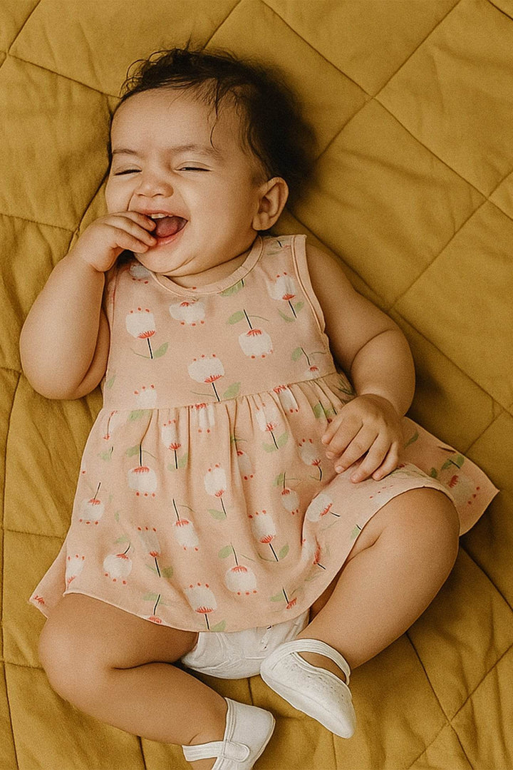 Newborn Flower Printed Frock - Peach - Cute Kids