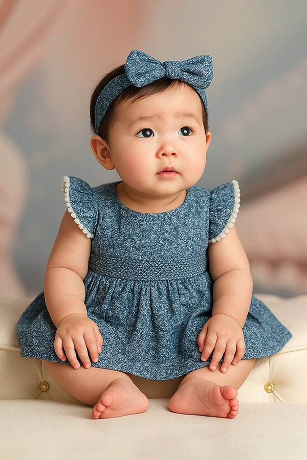 Newborn Frock With Hair Band - Blue - Cute Kids
