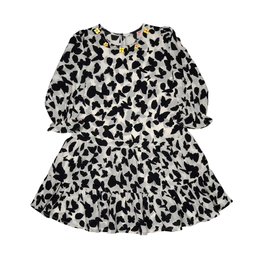 Girls Butterfly Printed Frock - Black & White