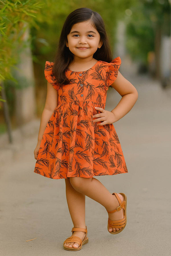 Girls Printed Lawn Frock – Orange Tangerine Leaf - Cute Kids