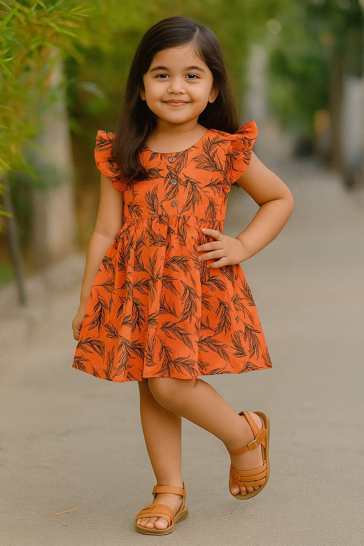 Girls Printed Lawn Frock – Orange Tangerine Leaf - Cute Kids