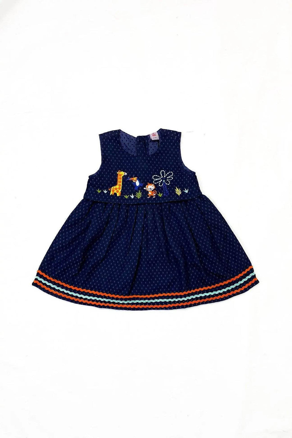 Girls Animal Embroided Dobby Frock - Blue - Cute Kids