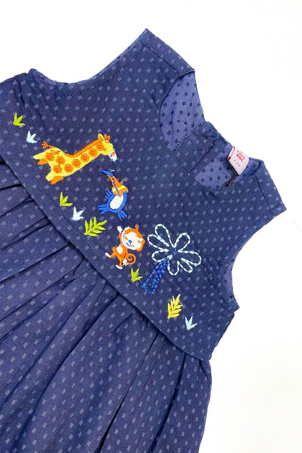 Girls Animal Embroided Dobby Frock - Blue - Cute Kids