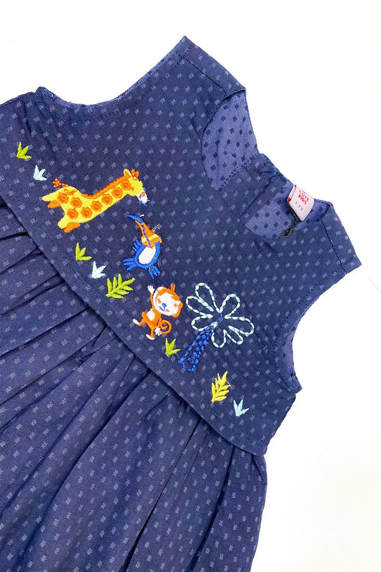 Girls Animal Embroided Dobby Frock - Blue - Cute Kids