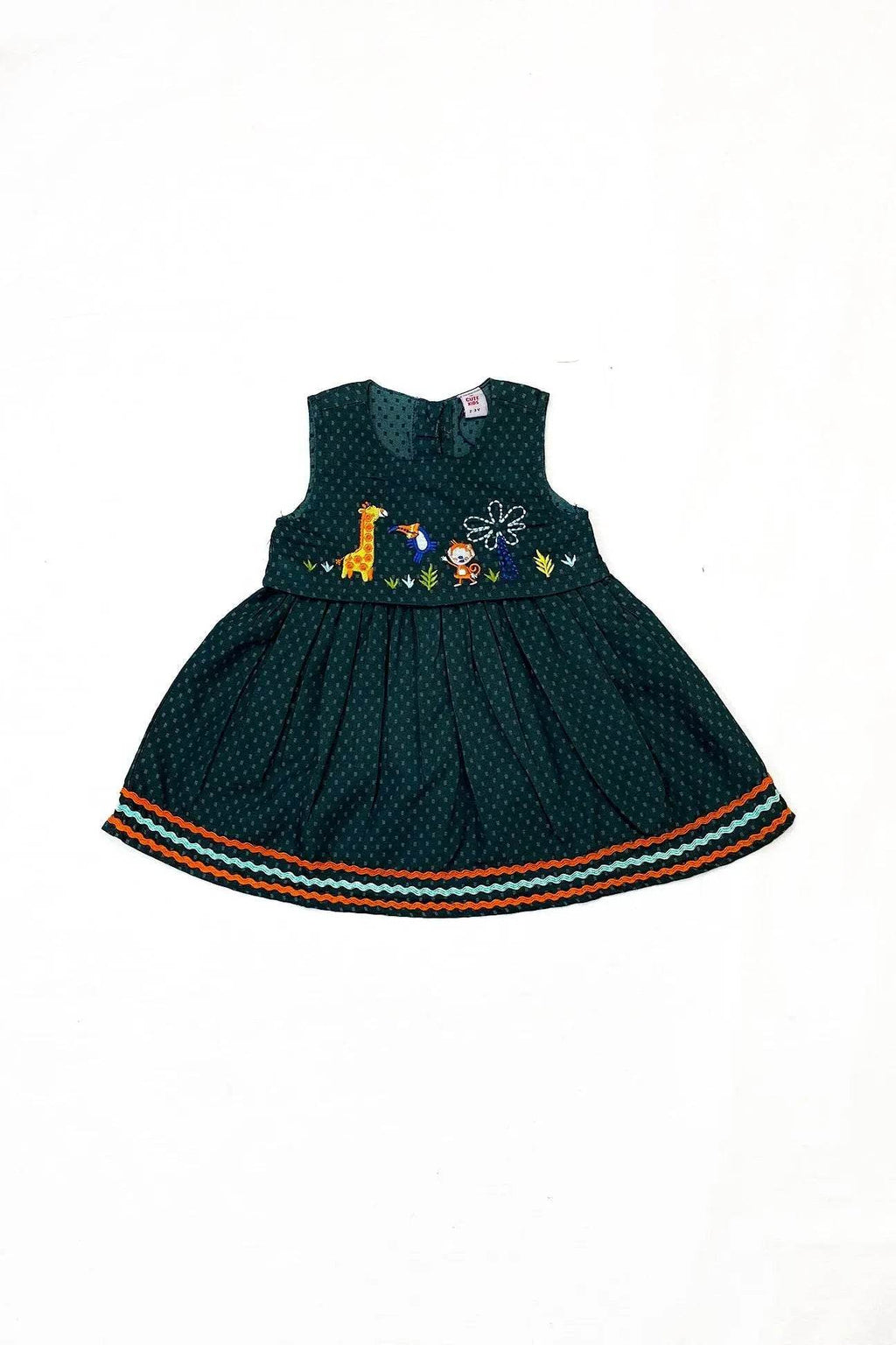 Girls Animal Embroided Dobby Frock - Green - Cute Kids