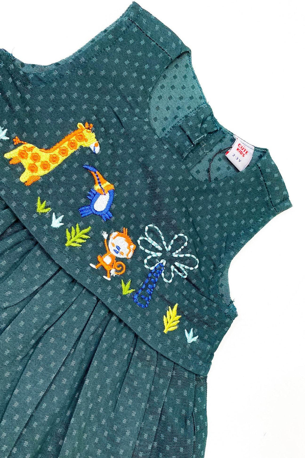 Girls Animal Embroided Dobby Frock - Green - Cute Kids