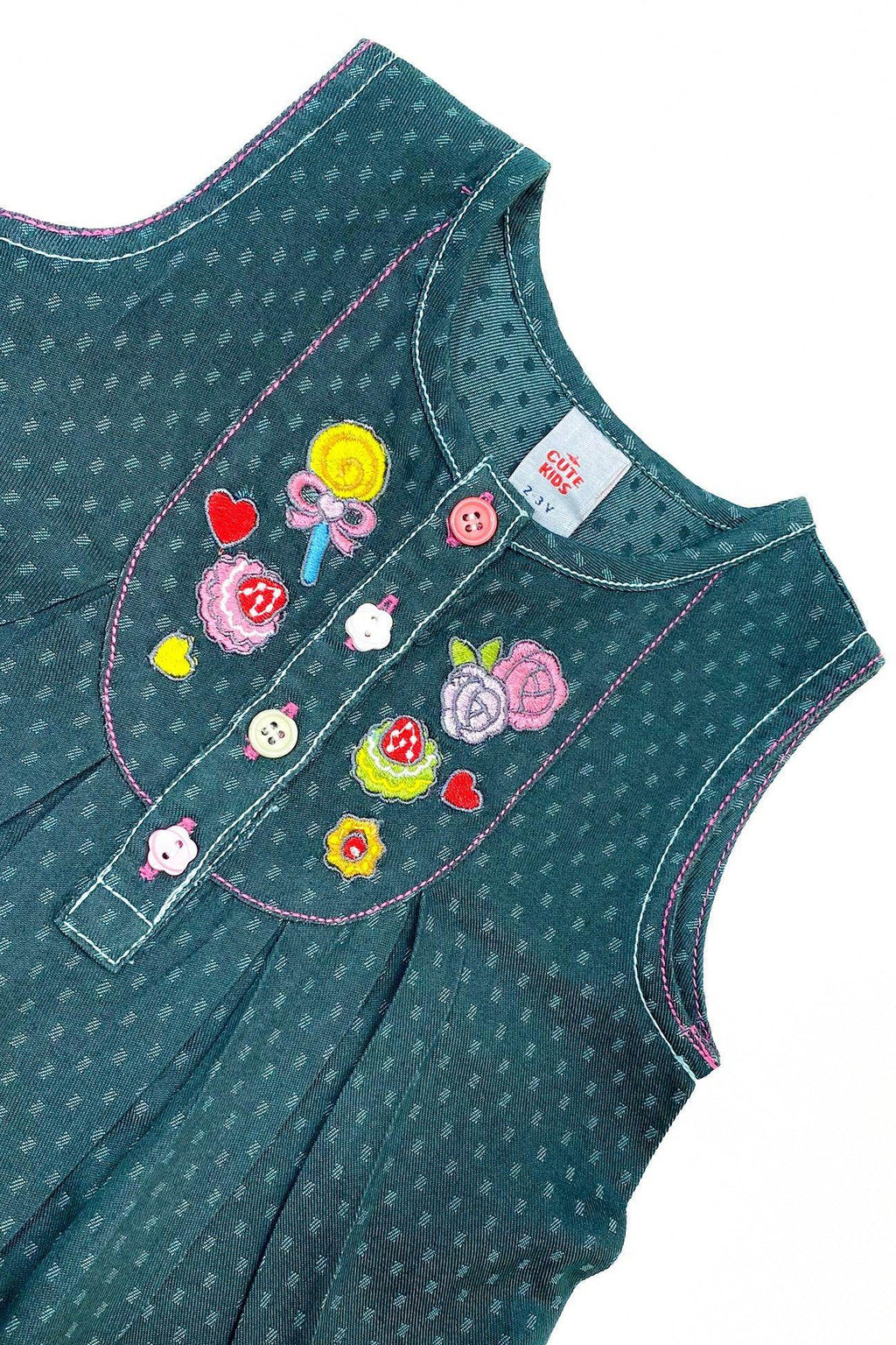 Girls Embroided Dobby Frock - Green - Cute Kids