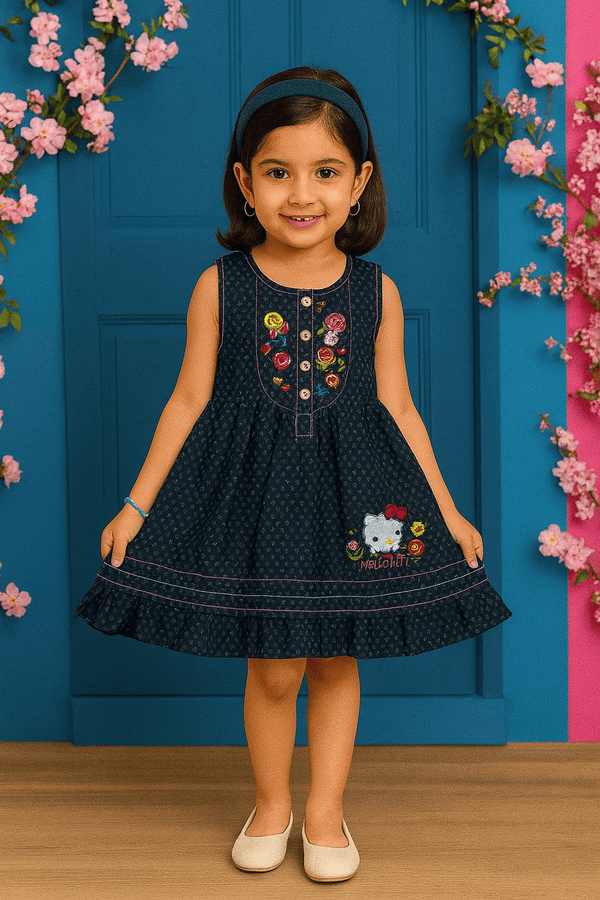 Girls Embroided Dobby Frock - Black - Cute Kids