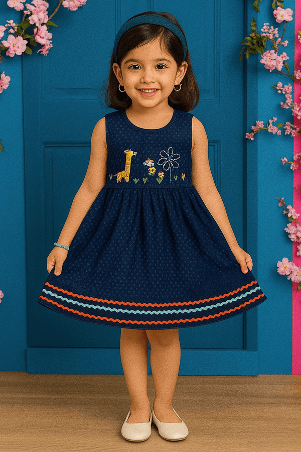 Girls Animal Embroided Dobby Frock - Blue - Cute Kids