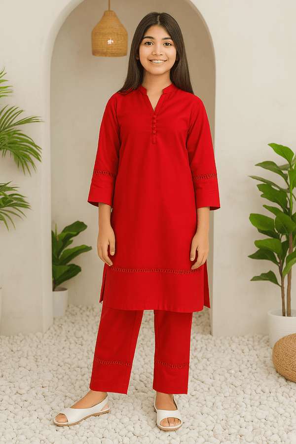 Girls Plain co-ord Set - Red - Cute Kids