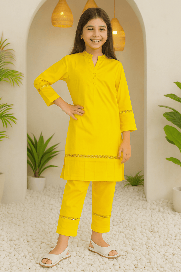 Girls Plain co-ord Set - Yellow - Cute Kids