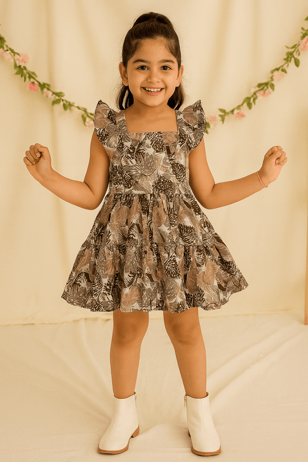 Girls Printed Frock-Brown Green - Cute Kids