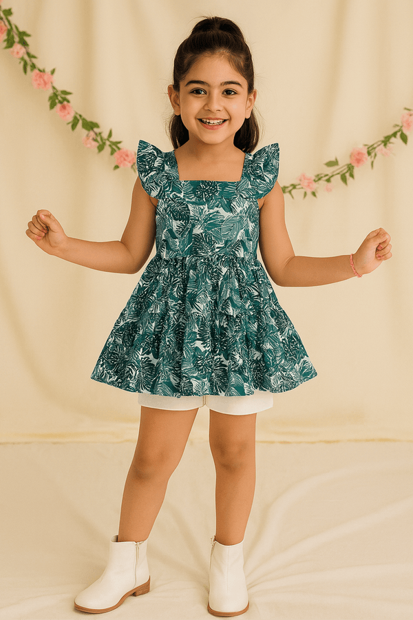 Girls Printed Frock-Teal Blue - Cute Kids