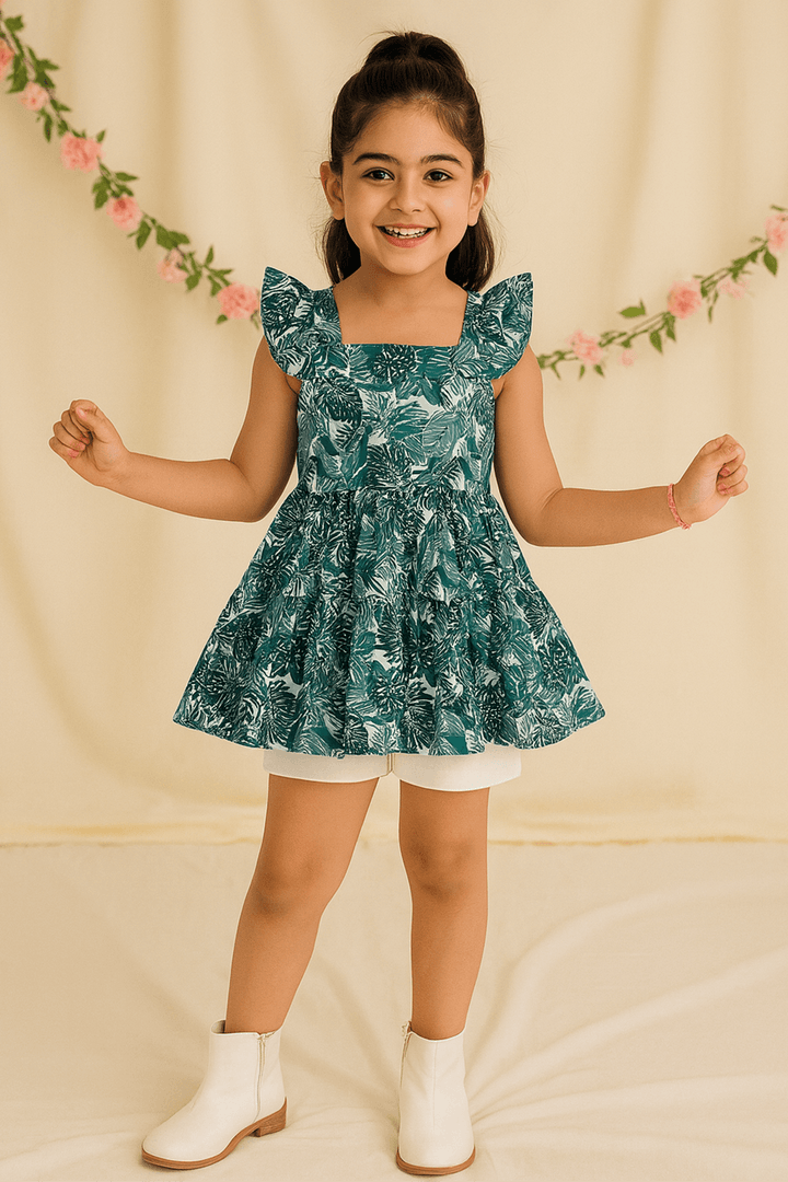 Girls Printed Frock-Teal Blue - Cute Kids
