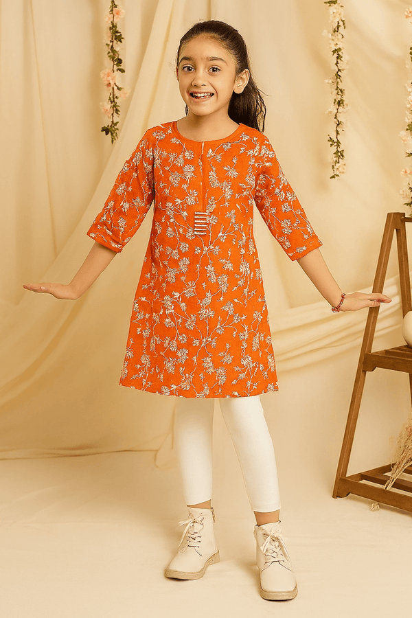 Girls Printed Kurti-Orange - Cute Kids