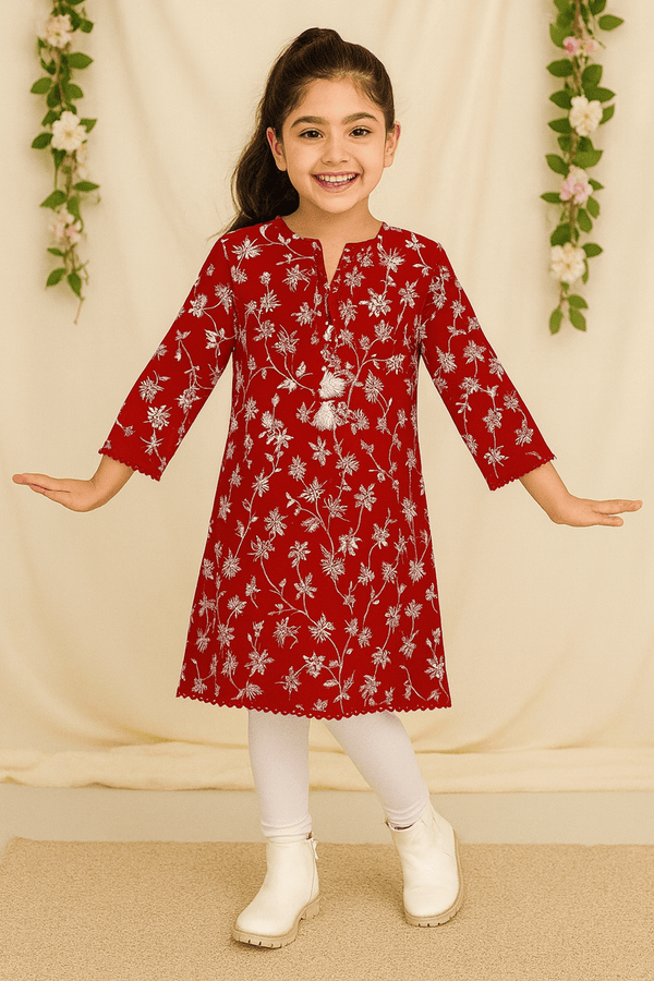 Girls Printed Kurti - Red - Cute Kids