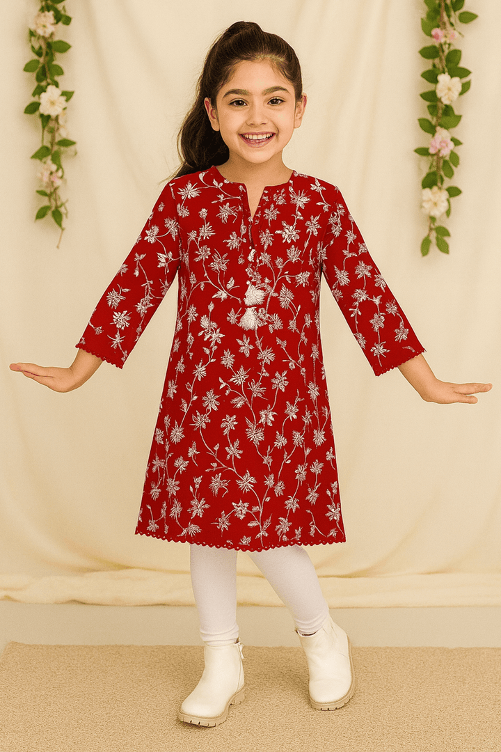 Girls Printed Kurti - Red - Cute Kids