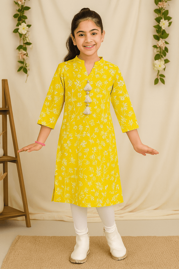 Girls Printed Kurti-Yellow - Cute Kids