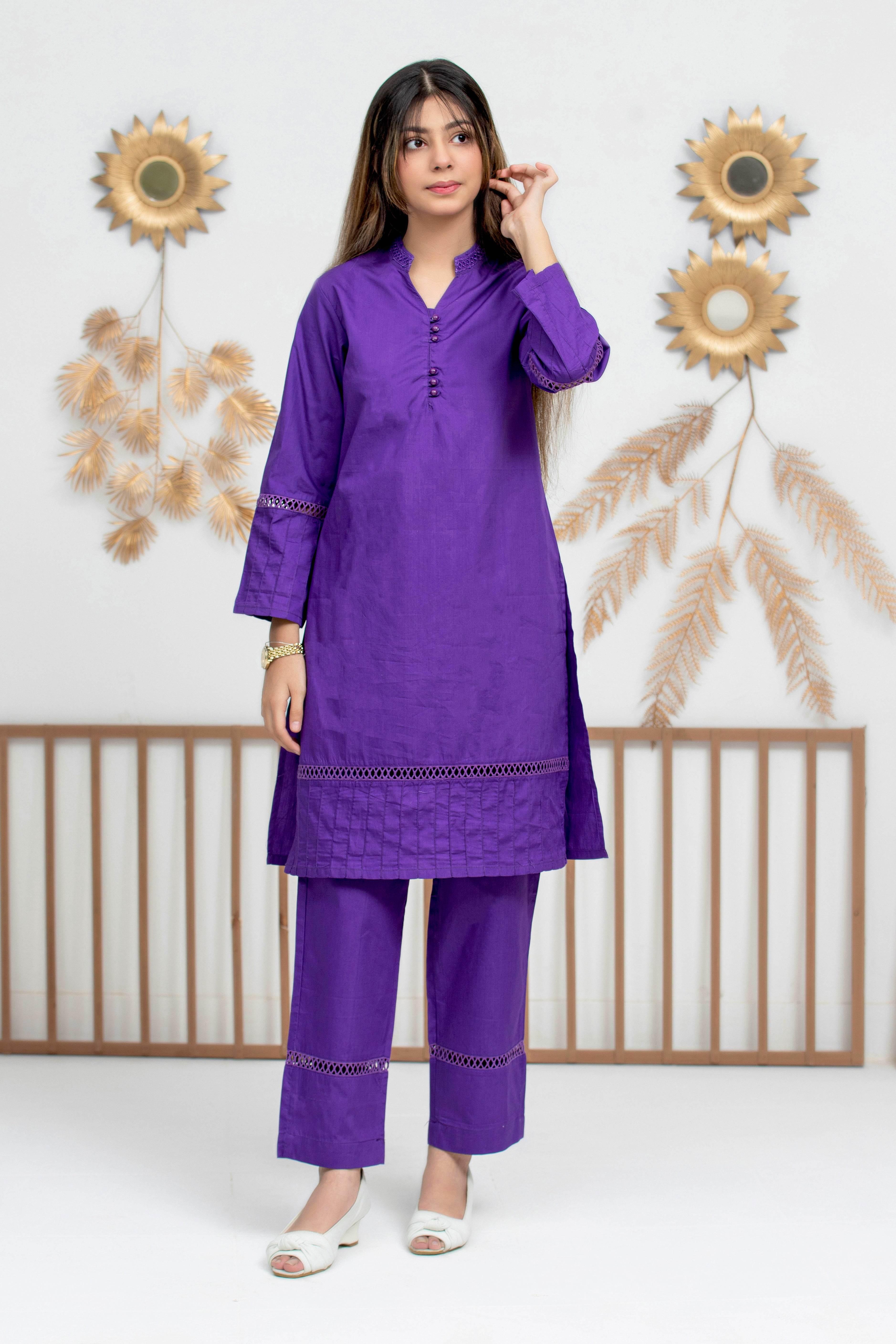 Girls Plain co-ord Set - Purple - Cute Kids