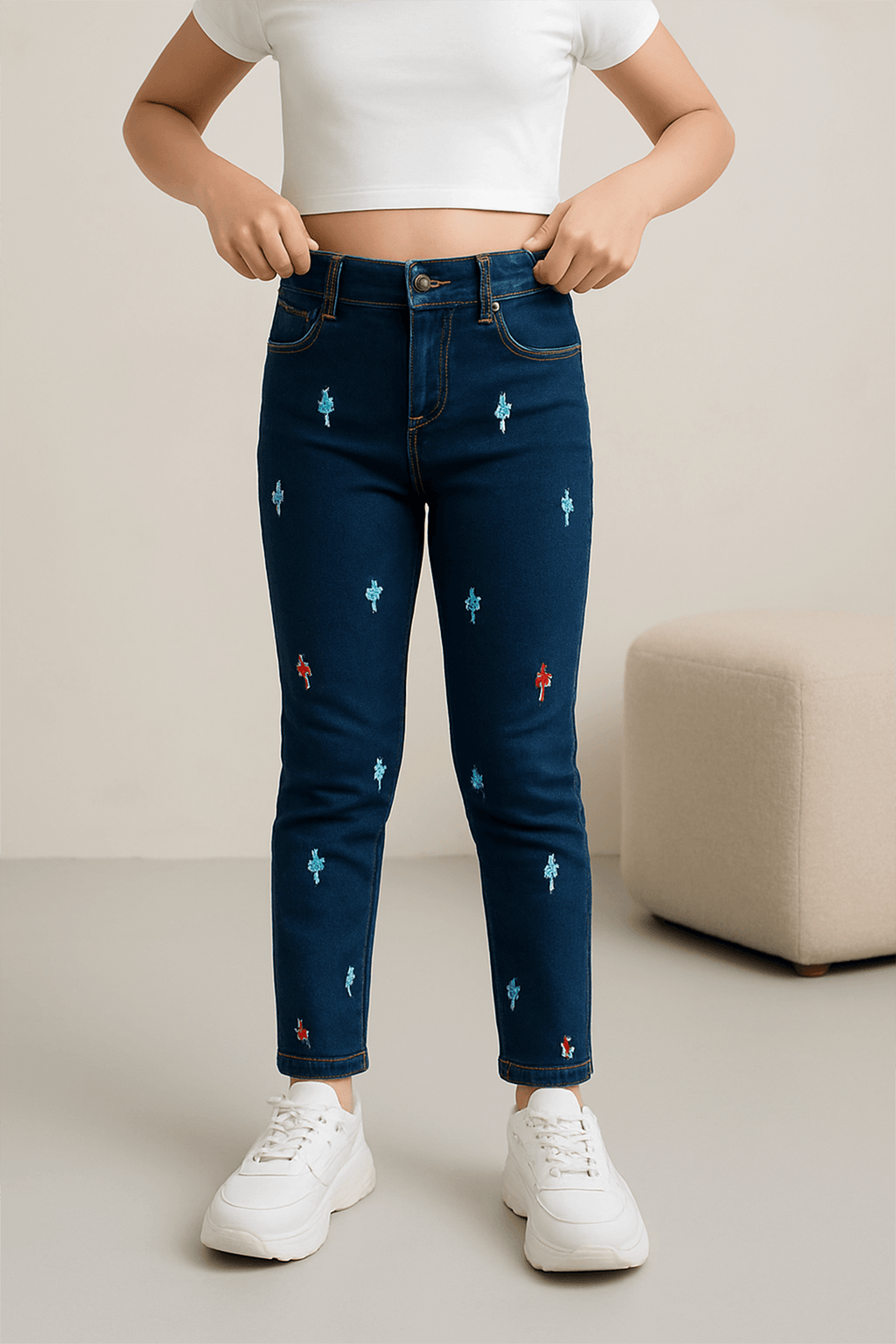 Girls Embroidery Denim Jeans - Dark Wash - Cute Kids