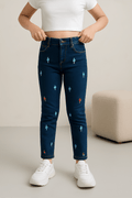Girls Embroidery Denim Jeans - Dark Wash - Cute Kids