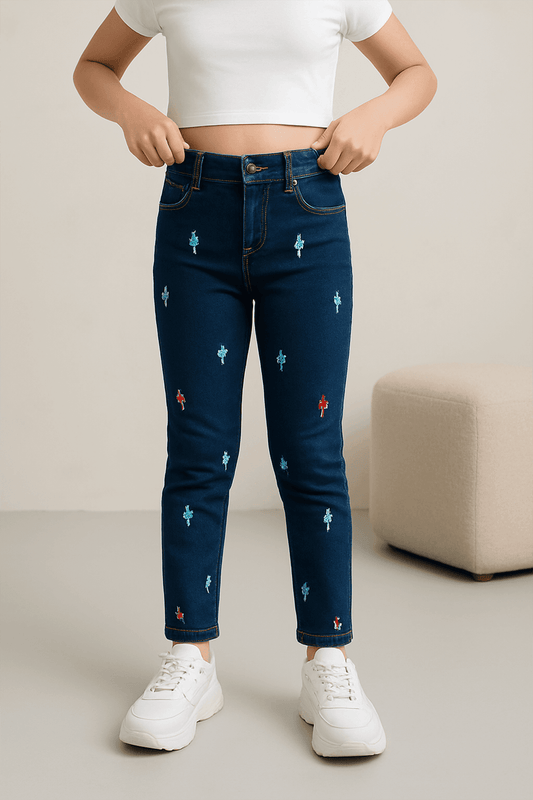 Girls Embroidery Denim Jeans - Dark Wash - Cute Kids