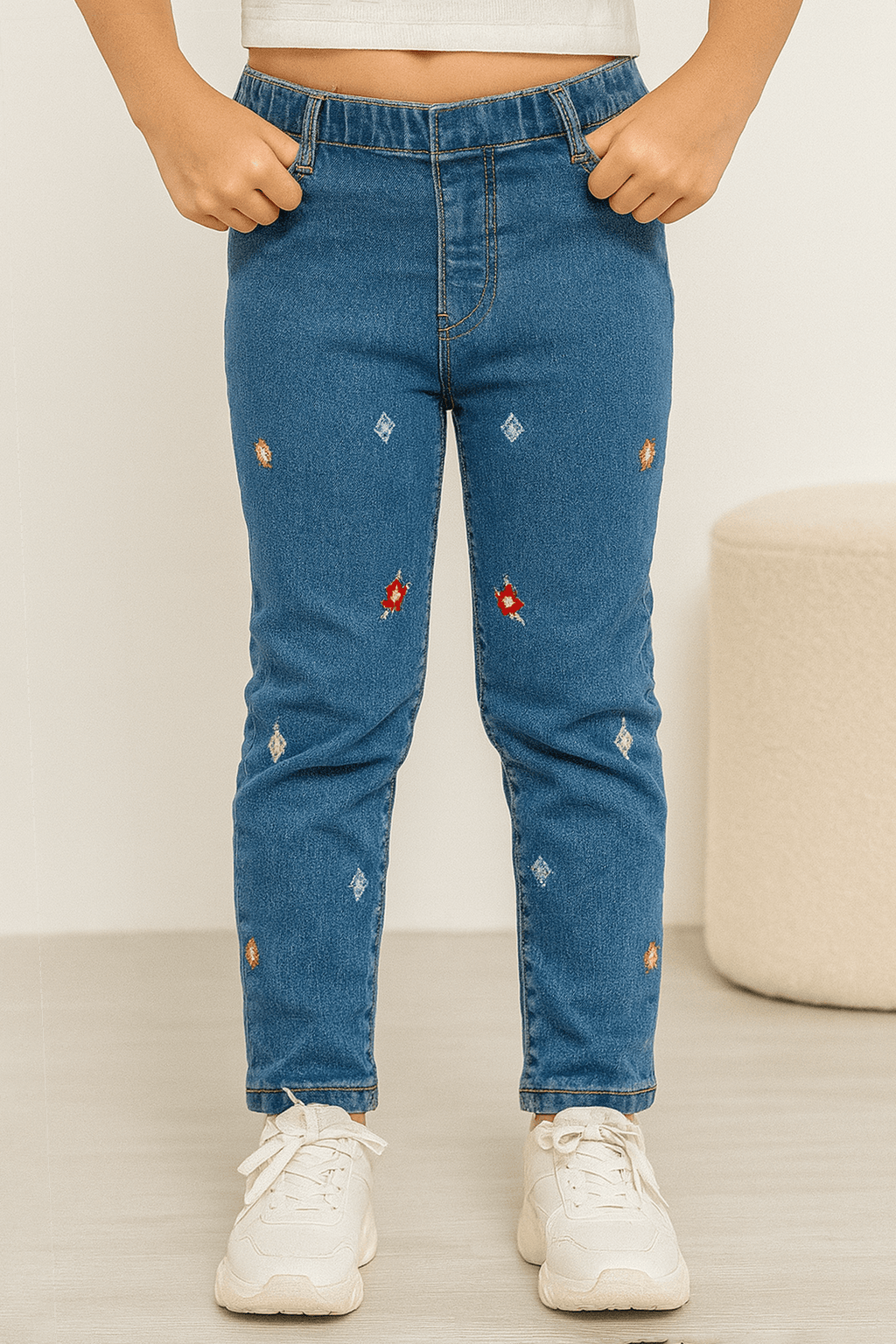 Girls Embroidery Denim Jeans - Mid Wash - Cute Kids
