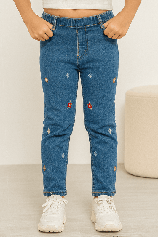 Girls Embroidery Denim Jeans - Mid Wash - Cute Kids