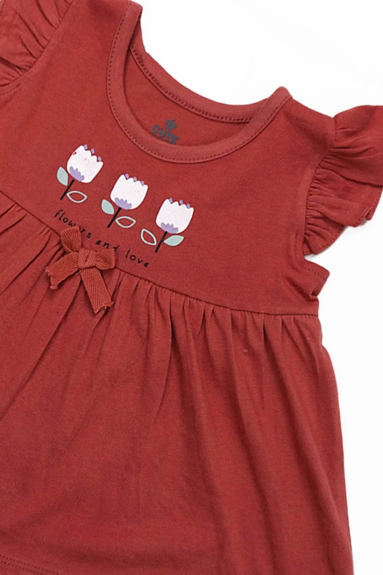 Newborn 3-Flower Printed Frock - Red - Cute Kids