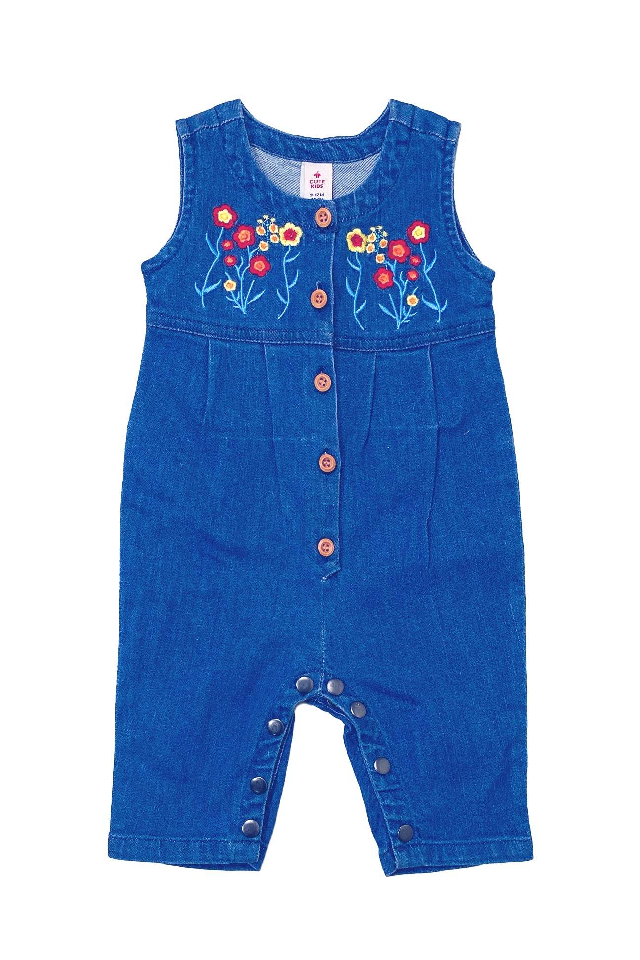 NewBorn Denim Flower Embroidery Romper - Mid Wash - Cute Kids