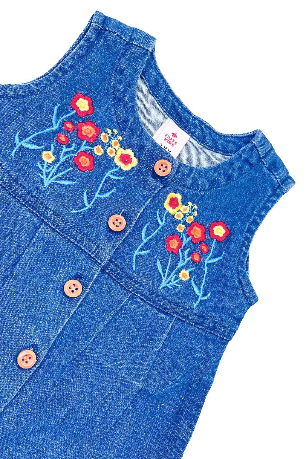 NewBorn Denim Flower Embroidery Romper - Mid Wash - Cute Kids