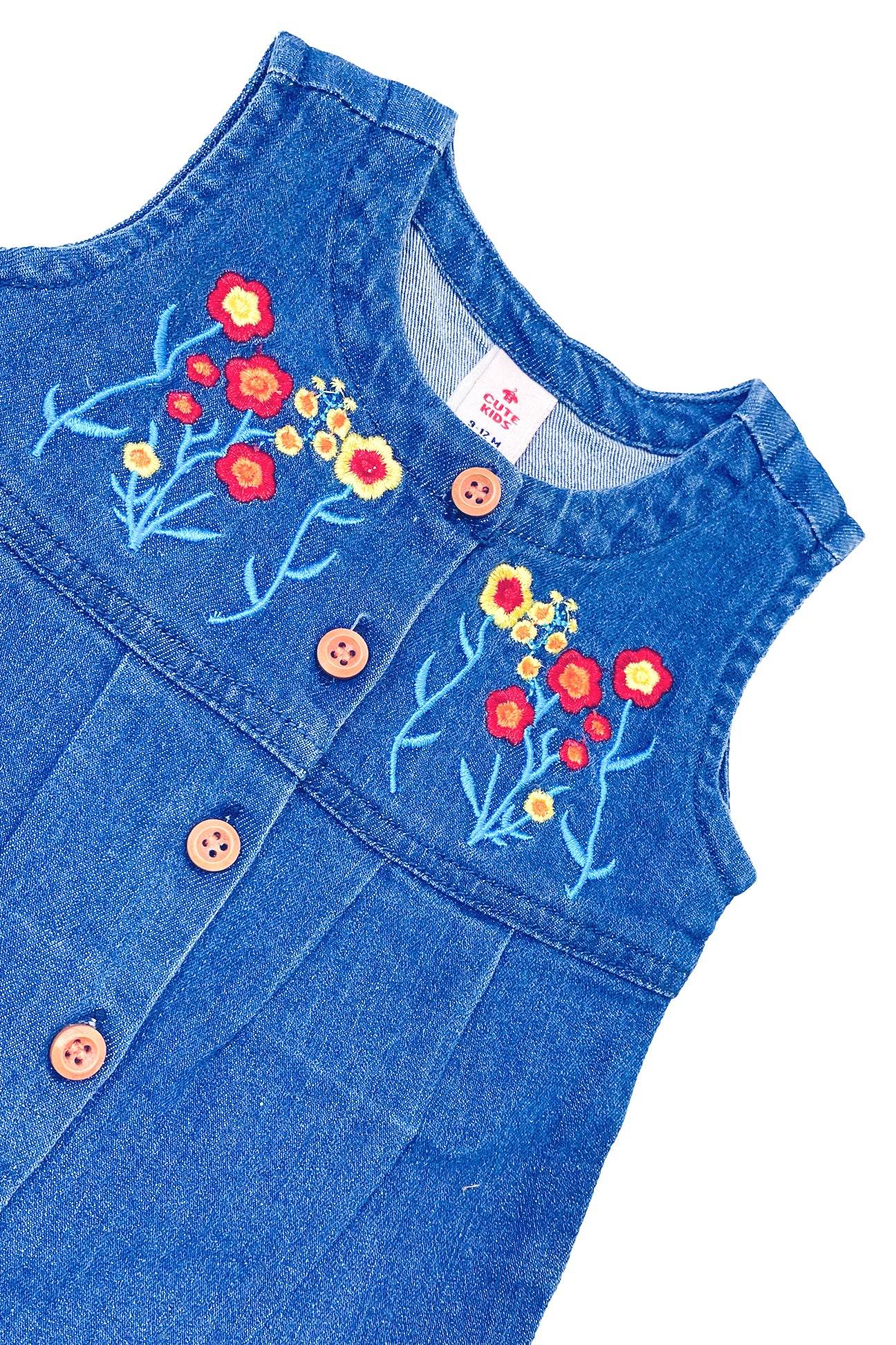 NewBorn Denim Flower Embroidery Romper - Mid Wash - Cute Kids