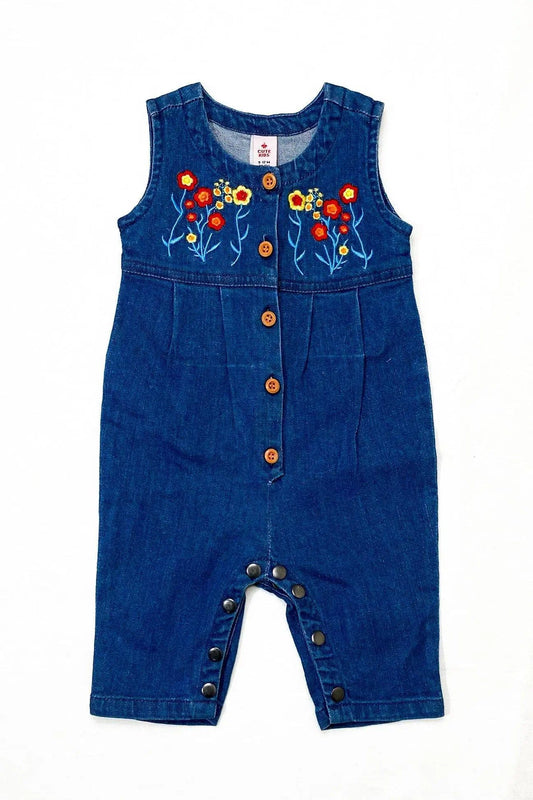NewBorn Denim Flower Embroidery Romper - Dark Blue - Cute Kids