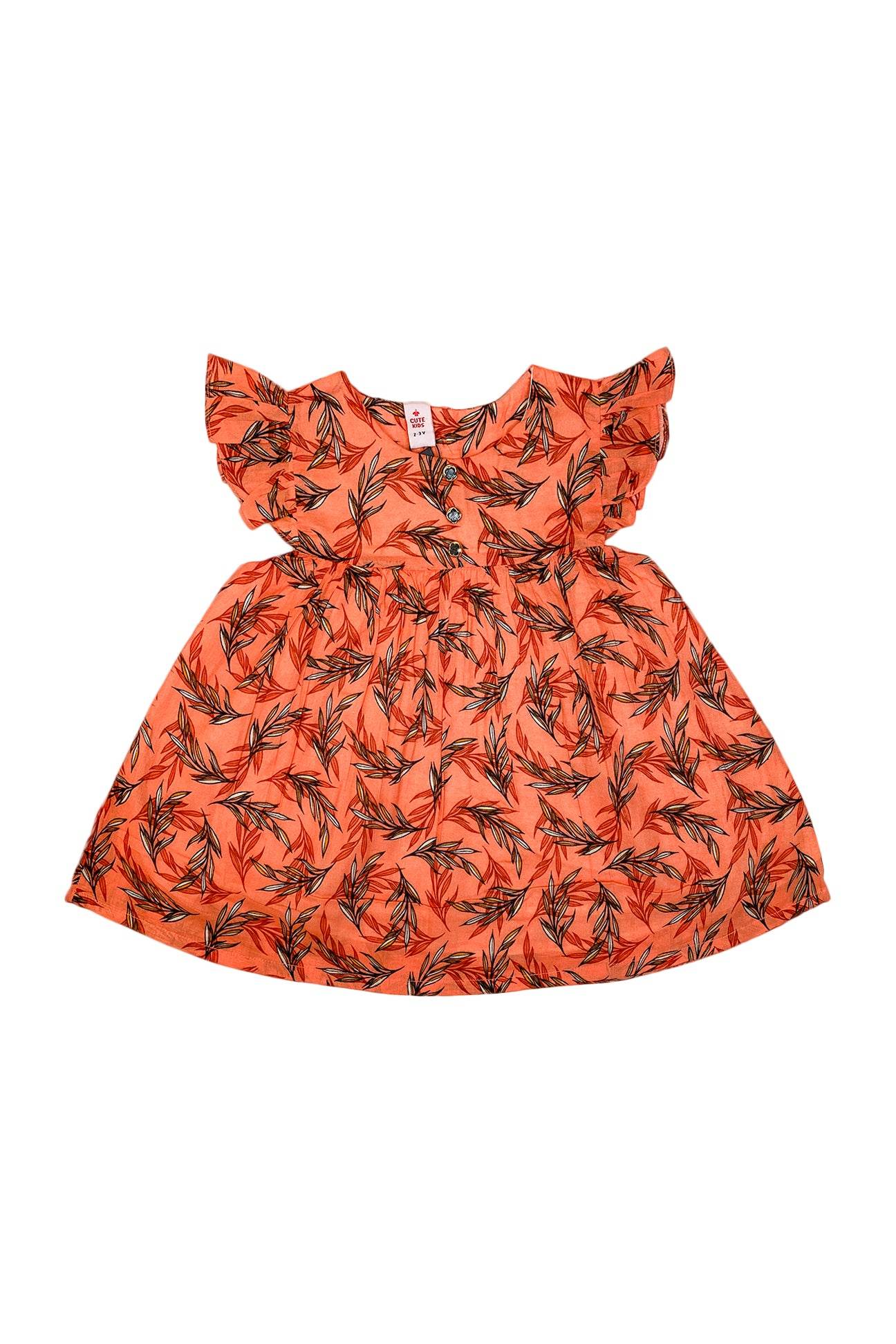 Girls Printed Lawn Frock – Orange Tangerine Leaf - Cute Kids
