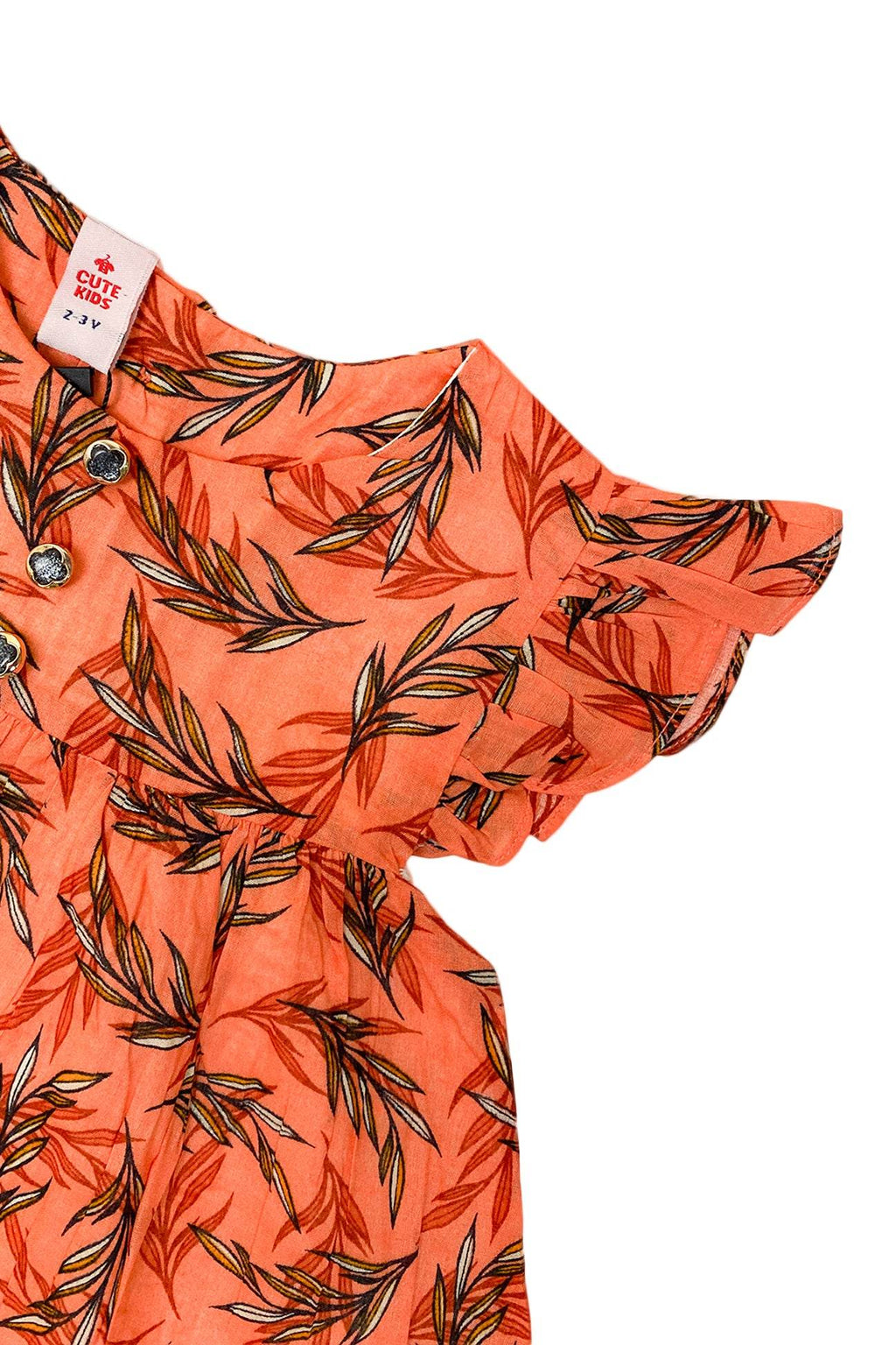 Girls Printed Lawn Frock – Orange Tangerine Leaf - Cute Kids