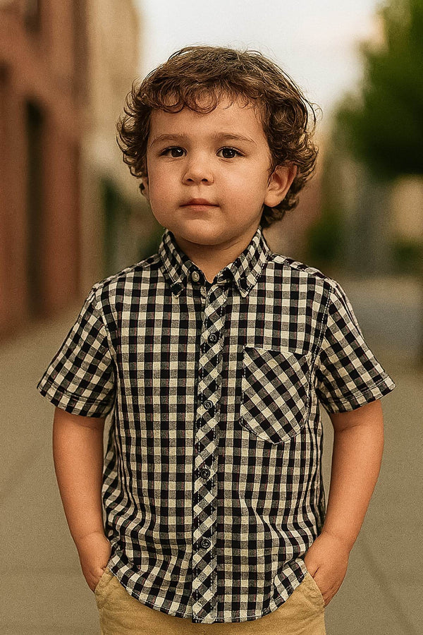 Boys Checkered Cotton Shirt – Navy & White - Cute Kids