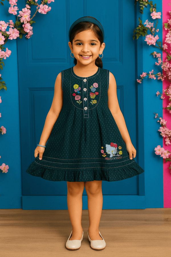 Girls Embroided Dobby Frock - Green - Cute Kids