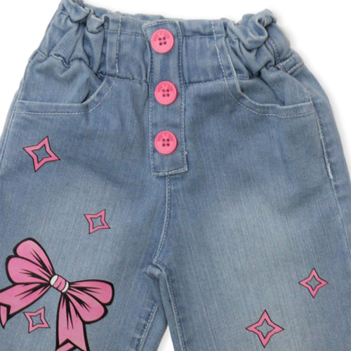 Girls Bow Printed Denim Pant - Light Shade