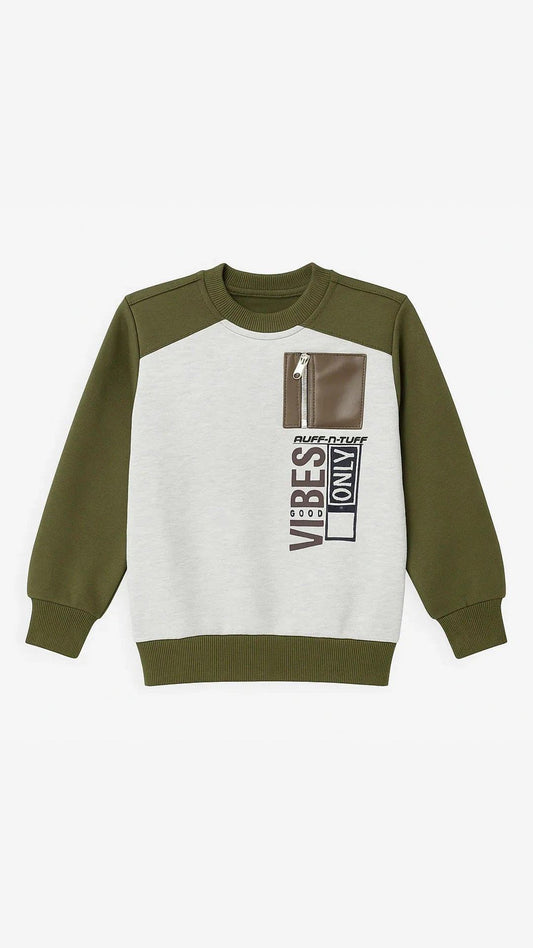 Boys “Good Vibes Only” Crewneck Sweatshirt – Olive & Grey