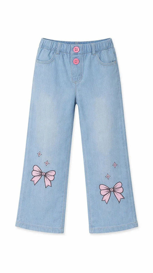 Girls Mid Wash Wide-Leg Pants with Pink Bow Print