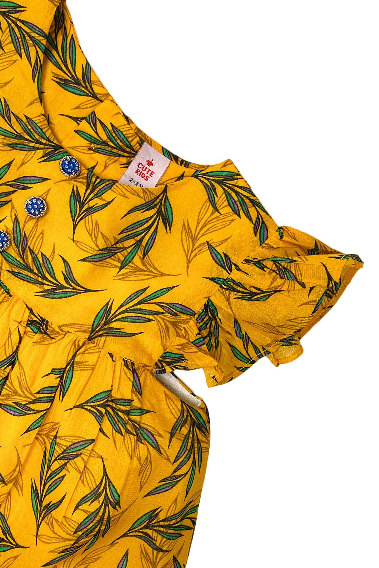 Girls Printed Lawn Frock – Yellow & Green - Cute Kids