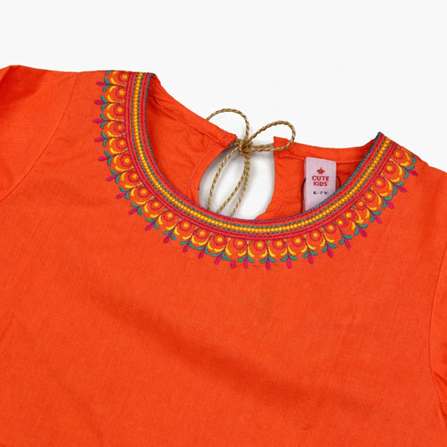 Girls Embroidered Co-ord Set - Orange