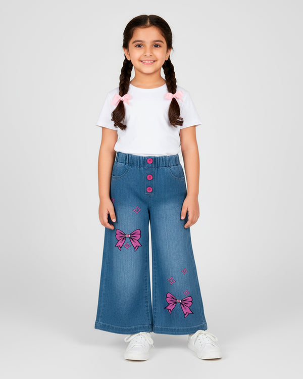 Girls Bow Printed Denim Pant